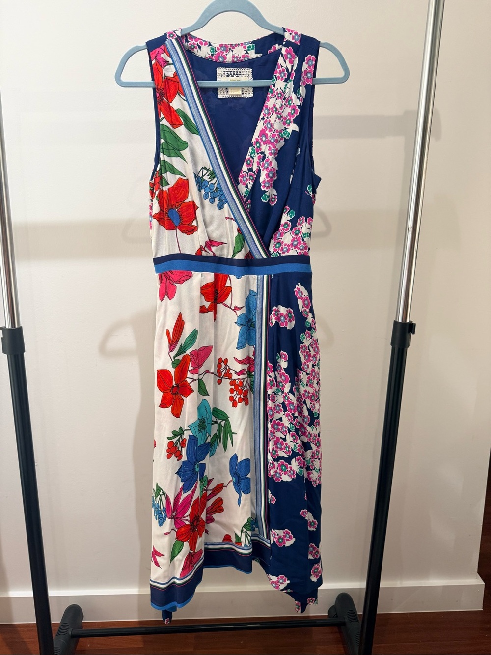 Anthropologie Maeve Navy & Multicolor Floral Wrap Midi Dress - Picture 2 of 7
